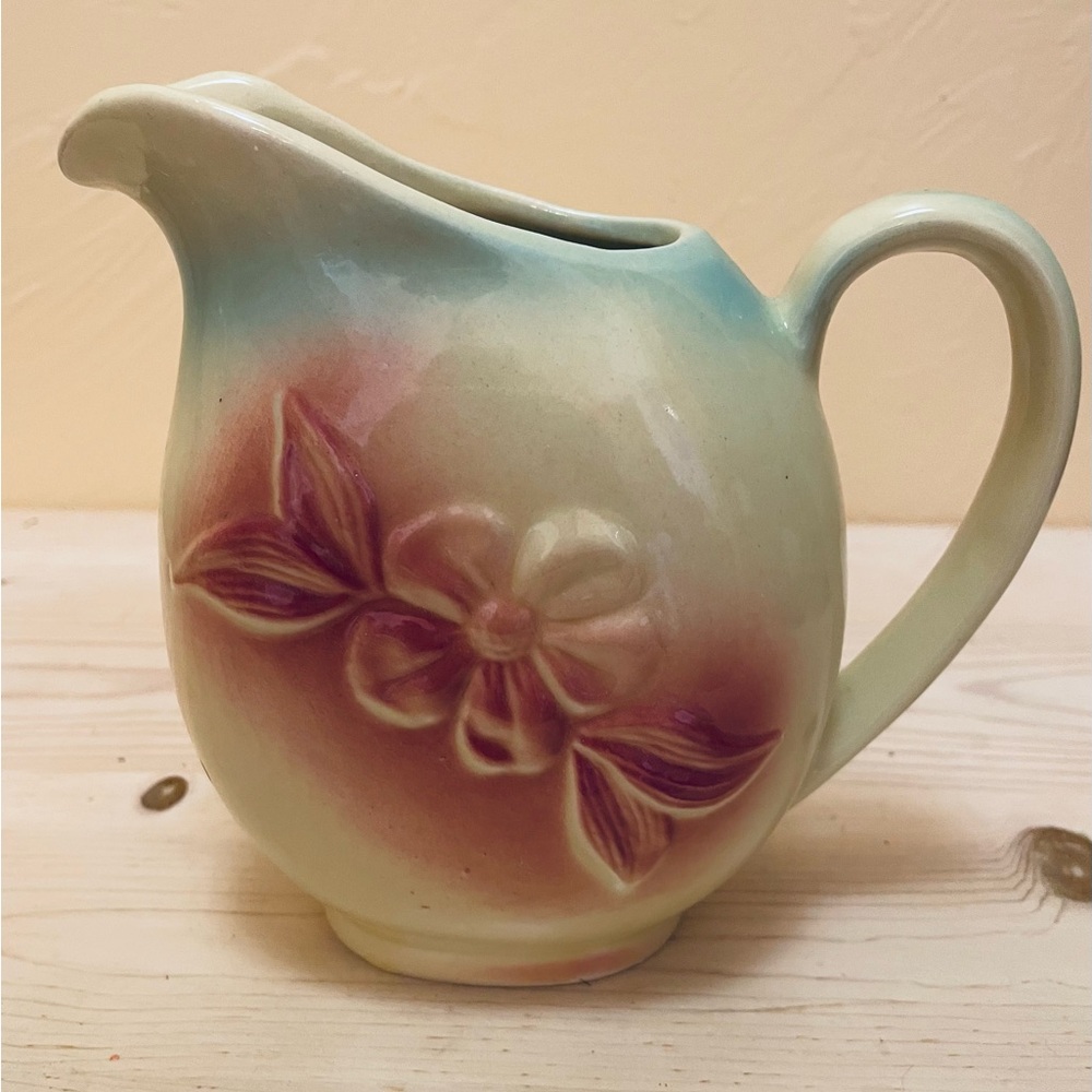 Vintage Ceramic Floral Glazed Pitcher in Soft Green and Pink